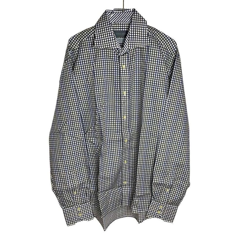Thomas Dean Men's Blue Green White Button Up Cotton Flip-Cuff Shirt Sz Medium M